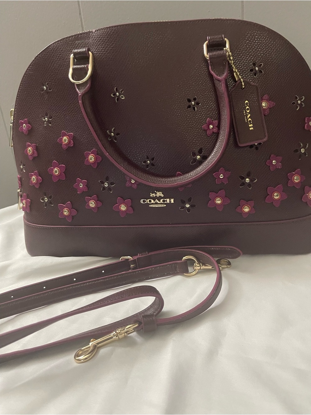 Coach Burgundy Floral Appliqué Dome Satchel with Gold Hardware